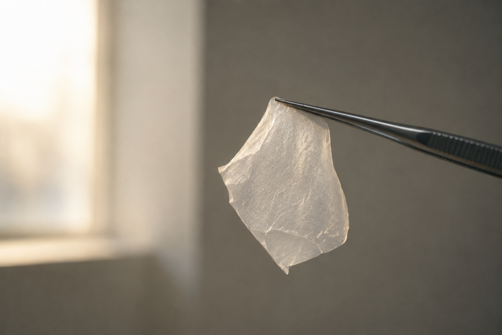 脳手術で軟膜を破らない、という丁寧さを思わせる一枚——ピンセットでそっと持ち上げられた、透き通る薄い膜